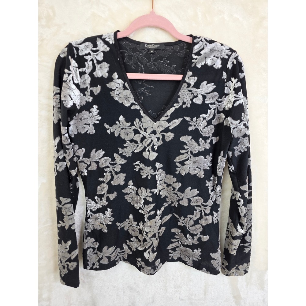 Karen Kane Lifestyle Womens Black Silver Floral Burnout‎ V-Neck Top 3L14041